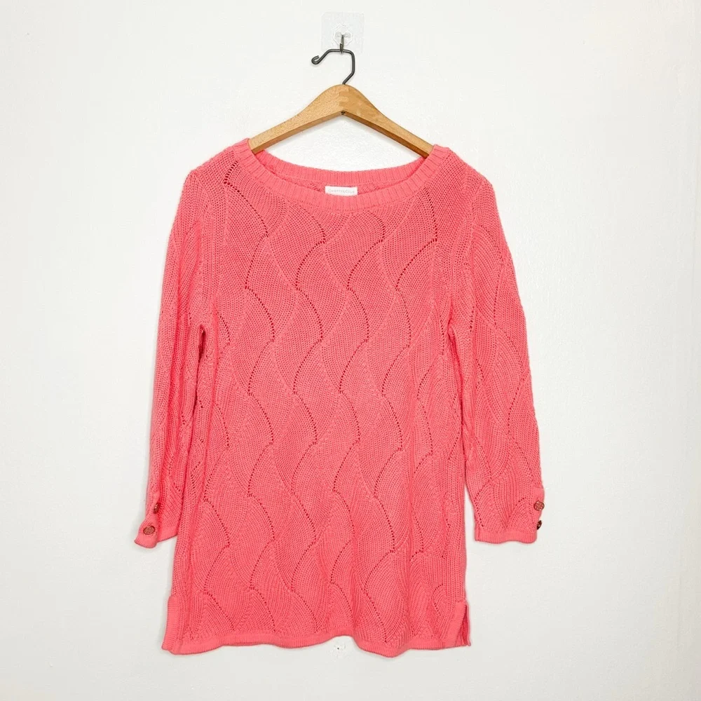 Charter Club Womens Cotton Blend‎ Pink Coral Open Knit Sweater Small S
